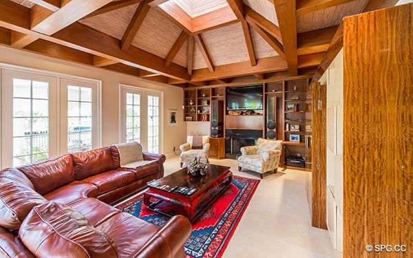 Family Room with Vaulted Ceiling, Skylight and Fireplace at Luxury Waterfront Estate Home,146 Nurmi Drive, Fort Lauderdale, Florida 33301
