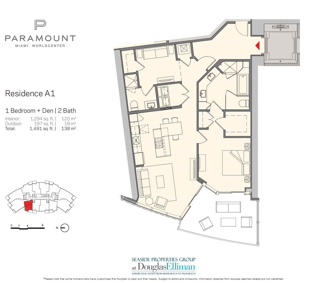 Residence A1 Floorplan for Paramount at Miami Worldcenter, Luxury Seaside Condos in Miami 33132.