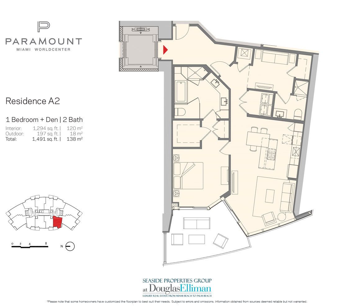 Residence A2 Floorplan for Paramount at Miami Worldcenter, Luxury Seaside Condos in Miami 33132.
