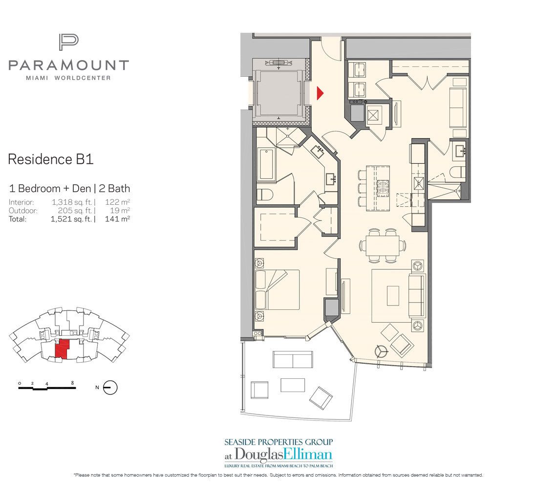 Residence B1 Floorplan for Paramount at Miami Worldcenter, Luxury Seaside Condos in Miami 33132.