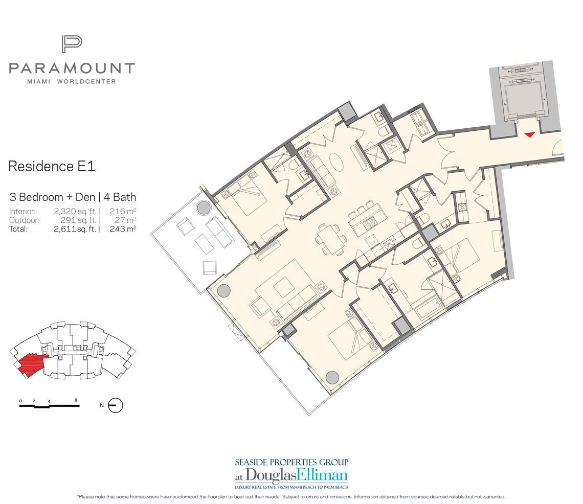 Residence E1 Floorplan for Paramount at Miami Worldcenter, Luxury Seaside Condos in Miami 33132.
