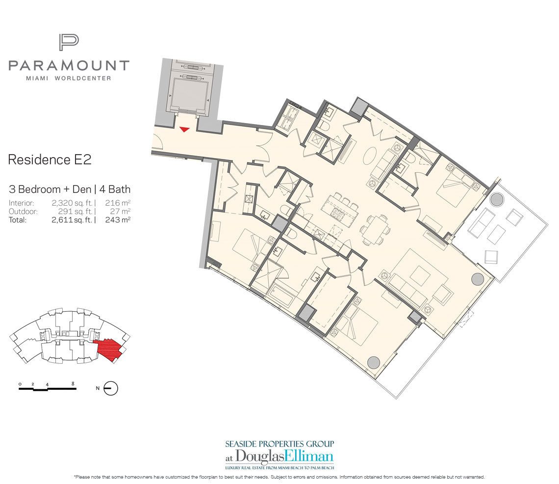 Residence E2 Floorplan for Paramount at Miami Worldcenter, Luxury Seaside Condos in Miami 33132.
