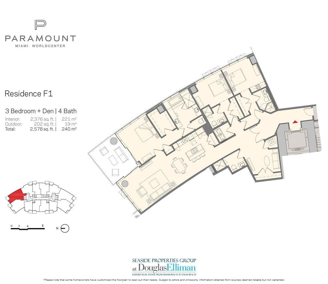 Residence F1 Floorplan for Paramount at Miami Worldcenter, Luxury Seaside Condos in Miami 33132.