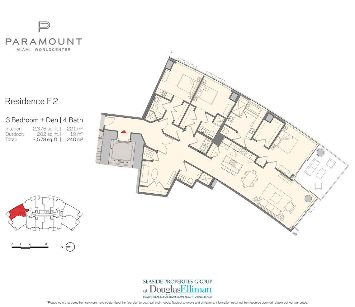 Residence F2 Floorplan for Paramount at Miami Worldcenter, Luxury Seaside Condos in Miami 33132.