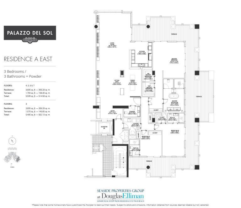 The Model A – East Floorplan for Palazzo del Sol, Luxury Waterfront Condominiums Located on Fisher Island, Miami Florida 33109