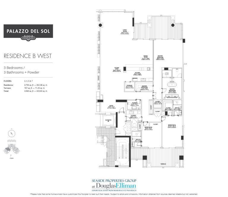The Model B – West Floorplan for Palazzo del Sol, Luxury Waterfront Condominiums Located on Fisher Island, Miami Florida 33109
