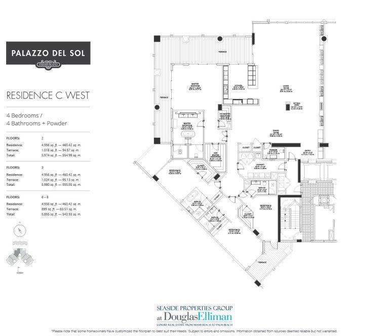 The Model C – West Floorplan for Palazzo del Sol, Luxury Waterfront Condominiums Located on Fisher Island, Miami Florida 33109