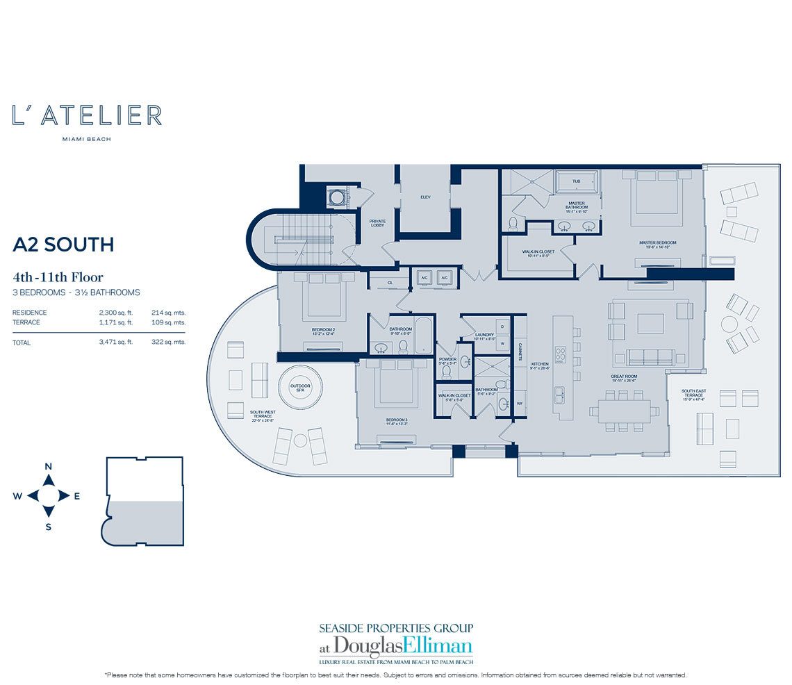 Model A2 Floorplan for L'Atelier, Luxury Oceanfront Condominiums in Miami Beach, Florida 33141