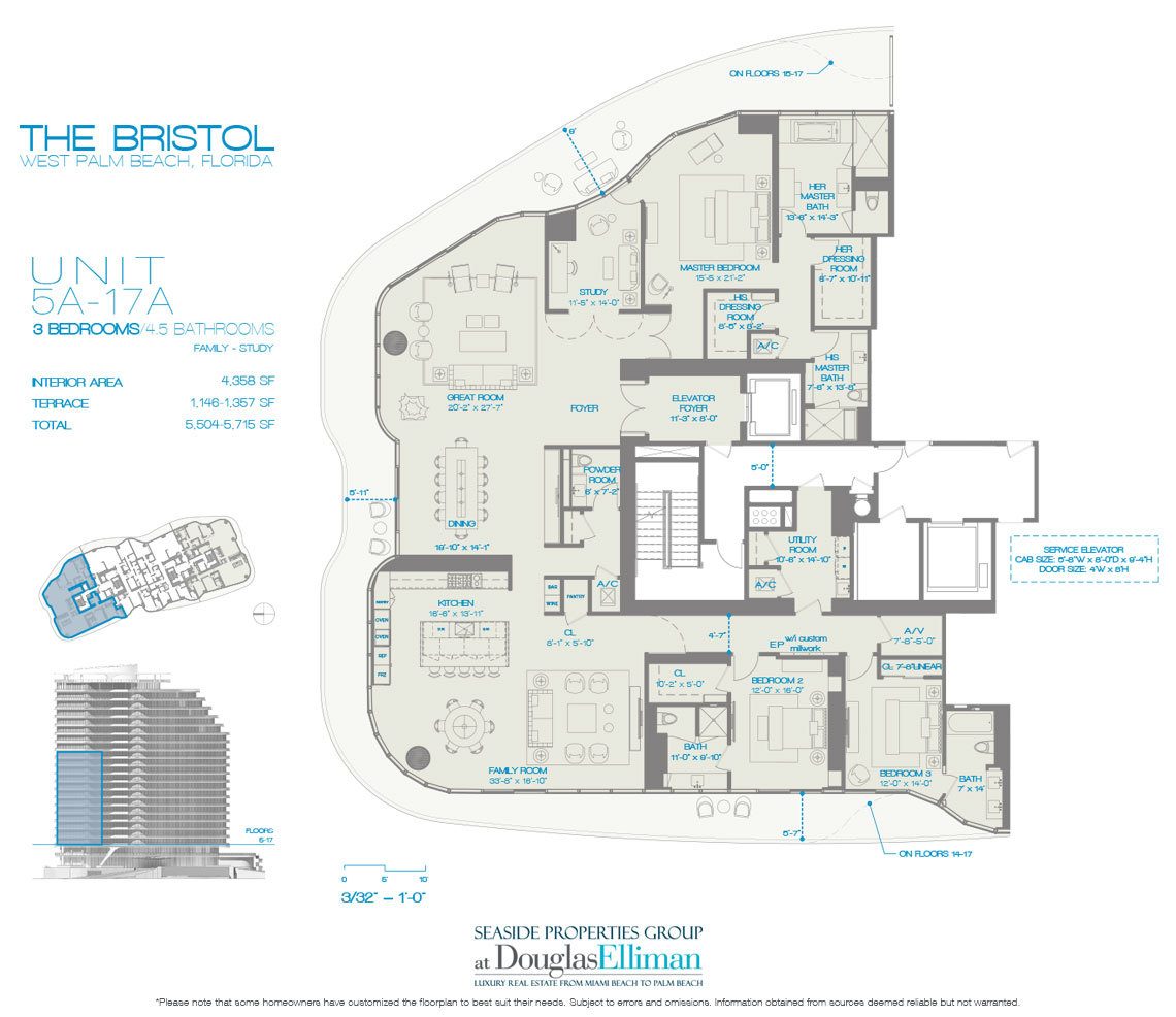 The 5A-17A 3 Beds Floorplan for The Bristol, Luxury Waterfront Condos in West Palm Beach, Florida 33401
