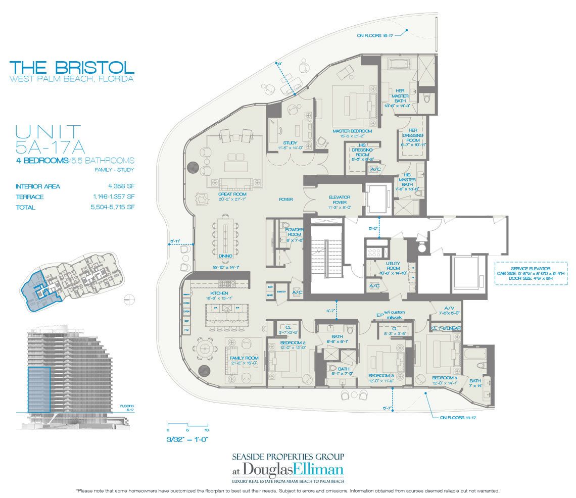 The 5A-17A 4 Beds Floorplan for The Bristol, Luxury Waterfront Condos in West Palm Beach, Florida 33401