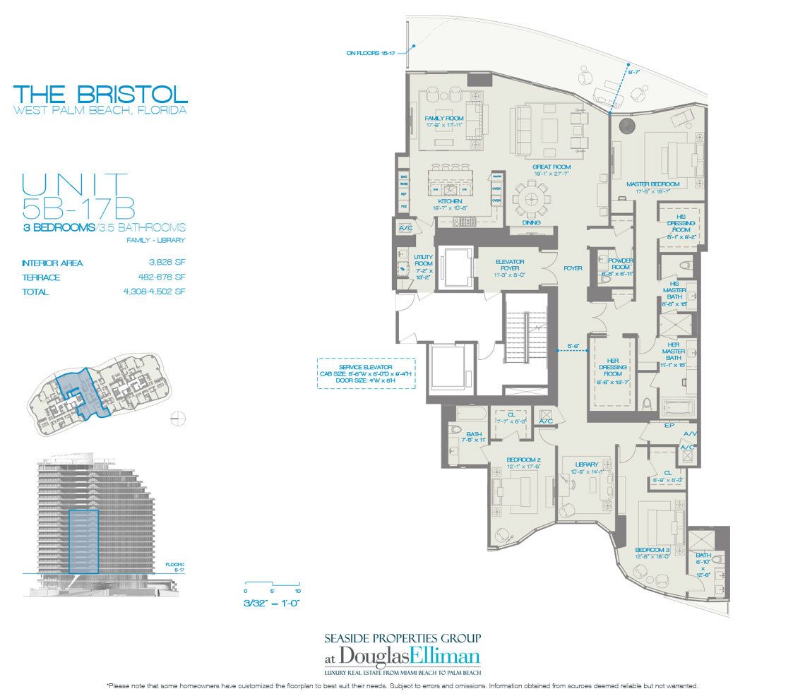 The 5B-17B 3 Beds Floorplan for The Bristol, Luxury Waterfront Condos in West Palm Beach, Florida 33401