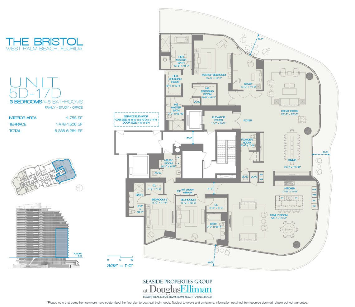 The 5D-17D 3 Beds Floorplan for The Bristol, Luxury Waterfront Condos in West Palm Beach, Florida 33401