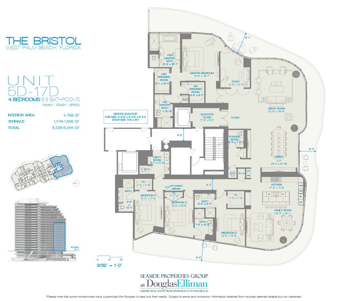 The 5D-17D 4 Beds Floorplan for The Bristol, Luxury Waterfront Condos in West Palm Beach, Florida 33401