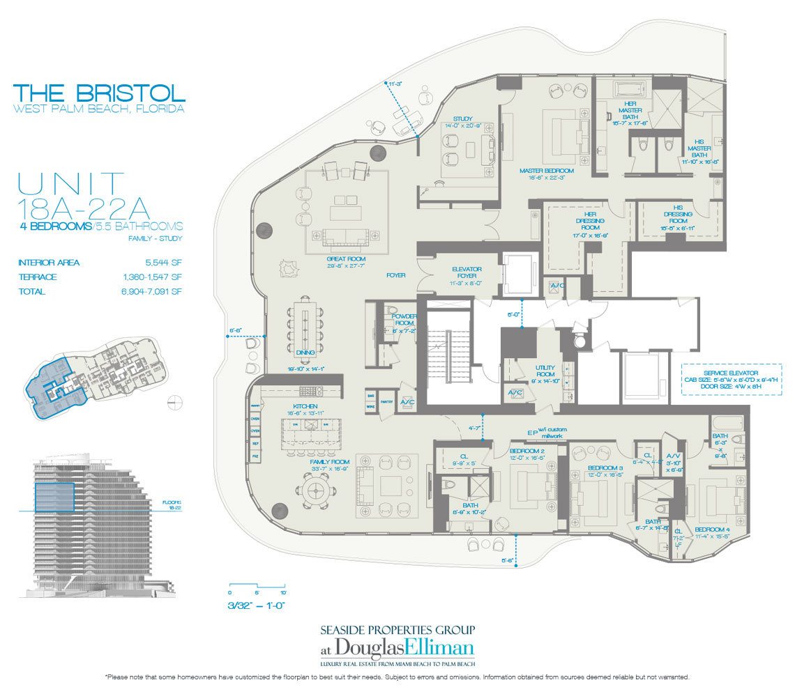 The 18A-22A 4 Beds Floorplan for The Bristol, Luxury Waterfront Condos in West Palm Beach, Florida 33401