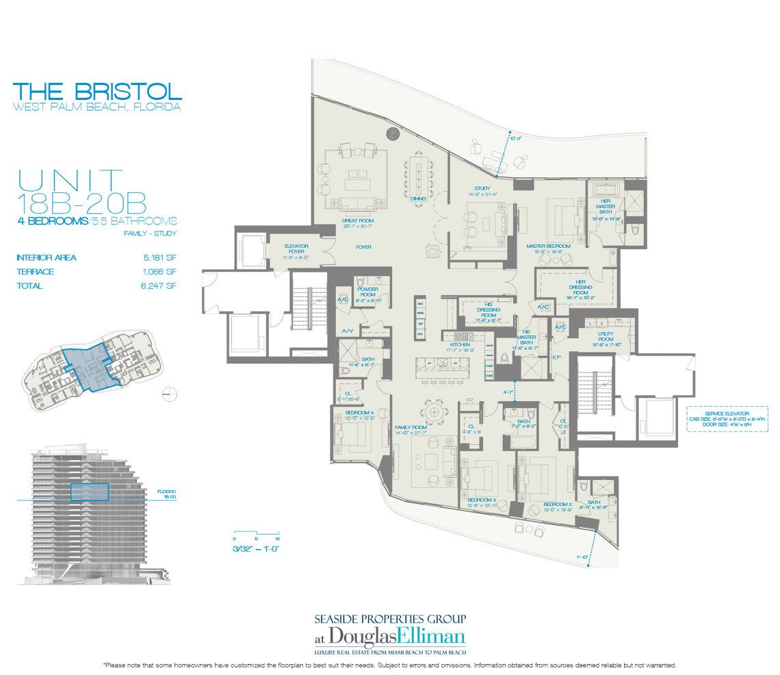 The 18B-20B 4 Beds Floorplan for The Bristol, Luxury Waterfront Condos in West Palm Beach, Florida 33401