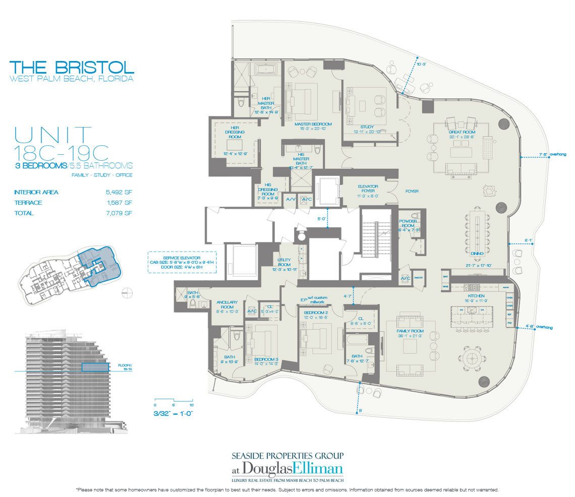 The 18C-19C 3 Beds Floorplan for The Bristol, Luxury Waterfront Condos in West Palm Beach, Florida 33401