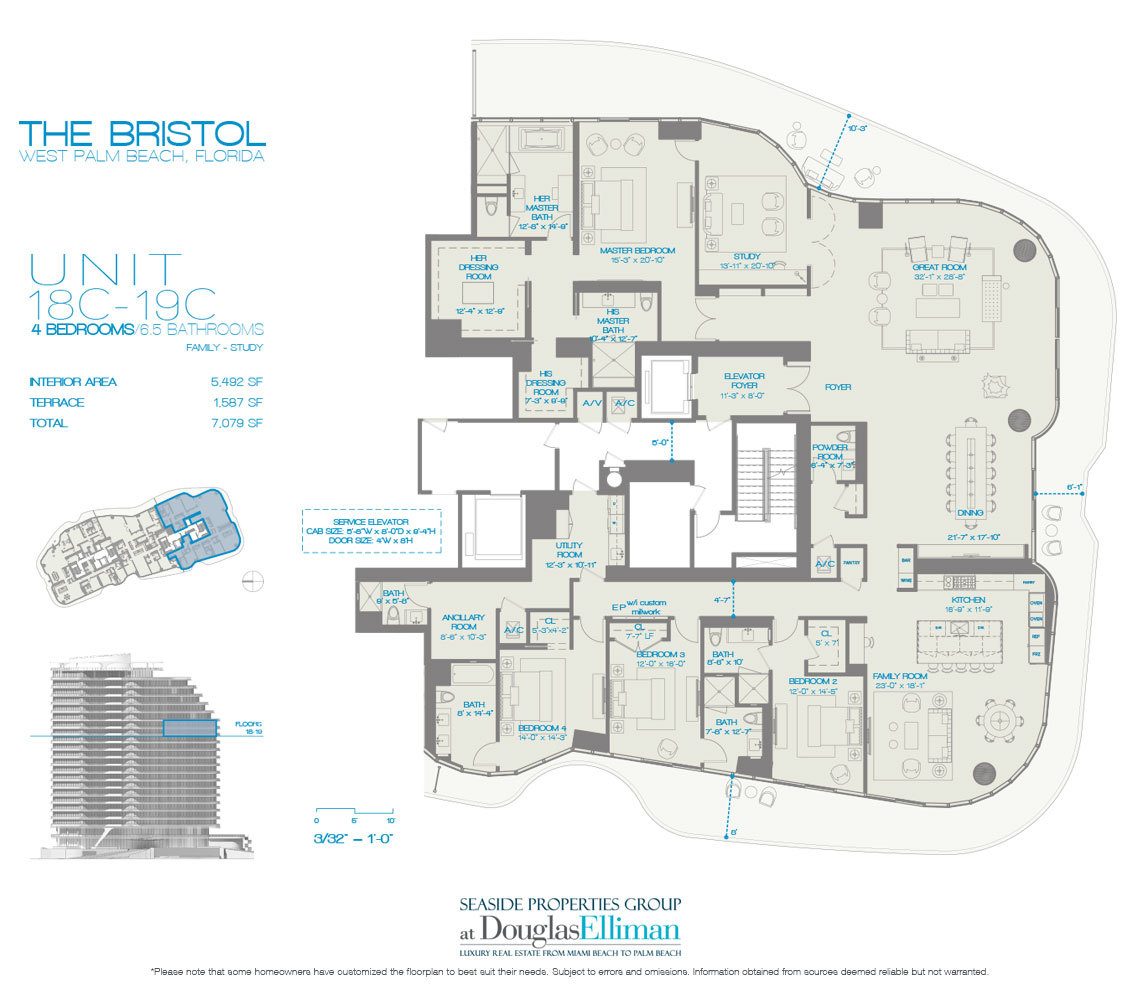The 18C-19C 4 Beds Floorplan for The Bristol, Luxury Waterfront Condos in West Palm Beach, Florida 33401