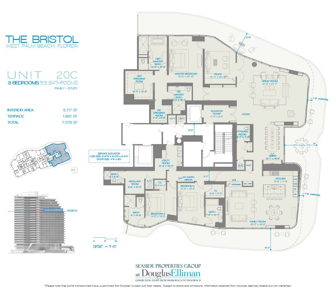 The 20C 3 Beds Floorplan for The Bristol, Luxury Waterfront Condos in West Palm Beach, Florida 33401