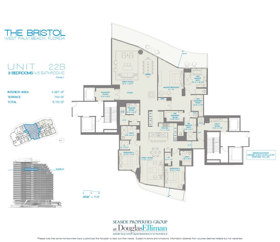 The 22B 3 Beds Floorplan for The Bristol, Luxury Waterfront Condos in West Palm Beach, Florida 33401