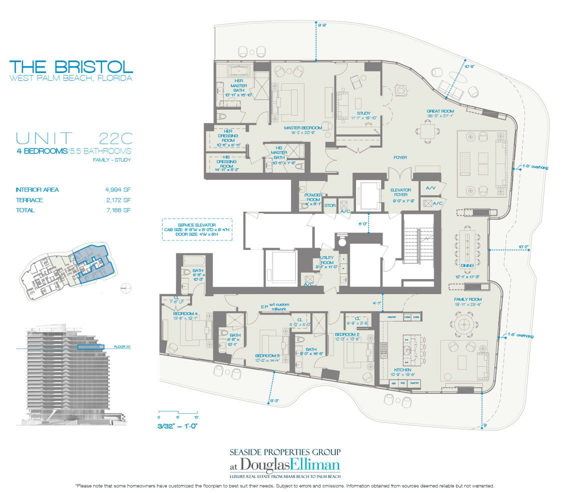 The 22C 4 Beds Floorplan for The Bristol, Luxury Waterfront Condos in West Palm Beach, Florida 33401