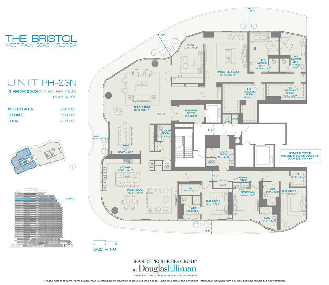 The Penthouse 23N 4 Beds Floorplan for The Bristol, Luxury Waterfront Condos in West Palm Beach, Florida 33401