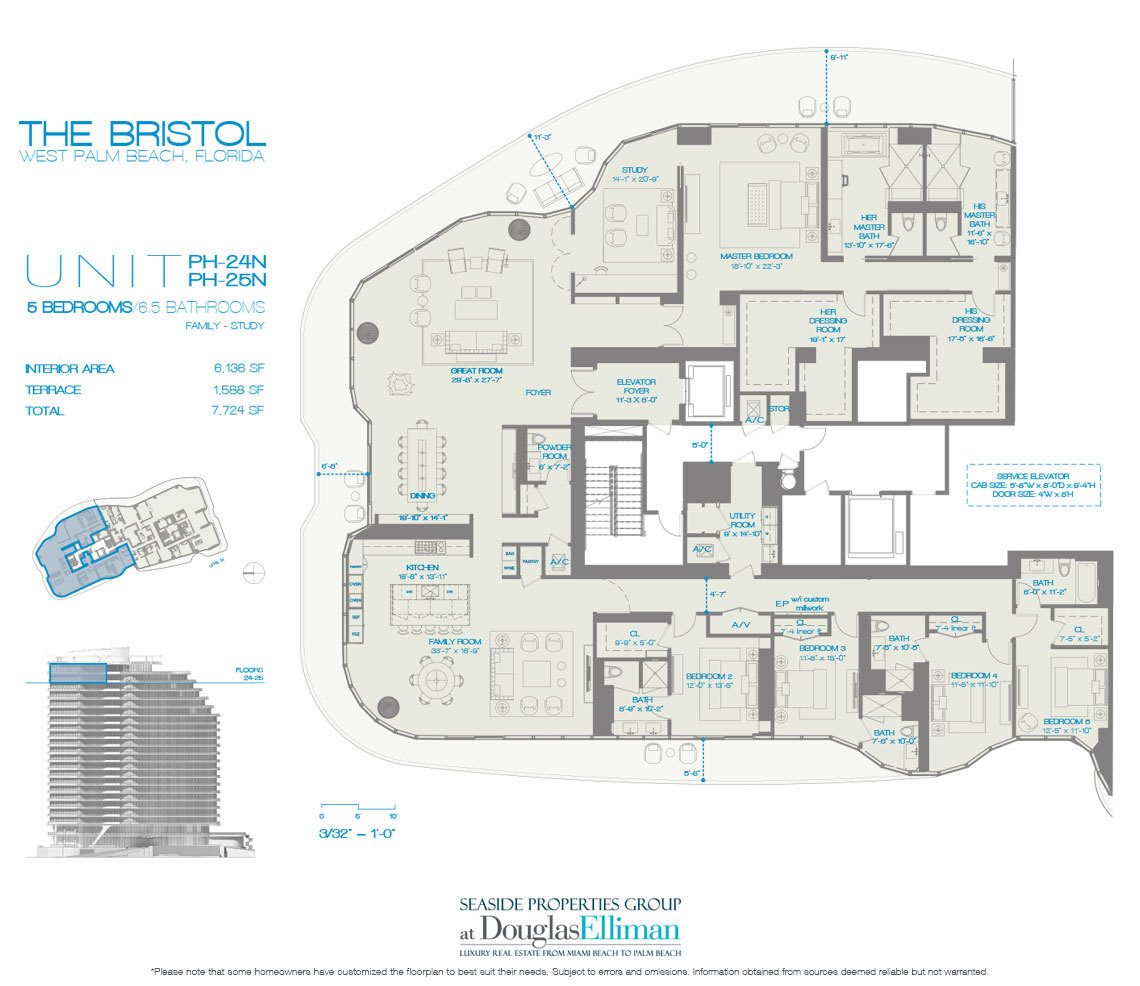 The Penthouse 24N-25N 5 Beds Floorplan for The Bristol, Luxury Waterfront Condos in West Palm Beach, Florida 33401