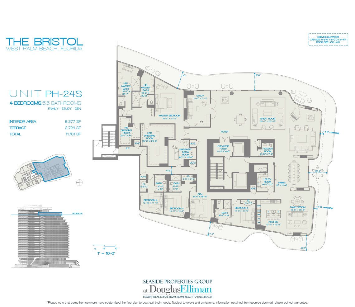 The Penthouse 24S 4 Beds Floorplan for The Bristol, Luxury Waterfront Condos in West Palm Beach, Florida 33401