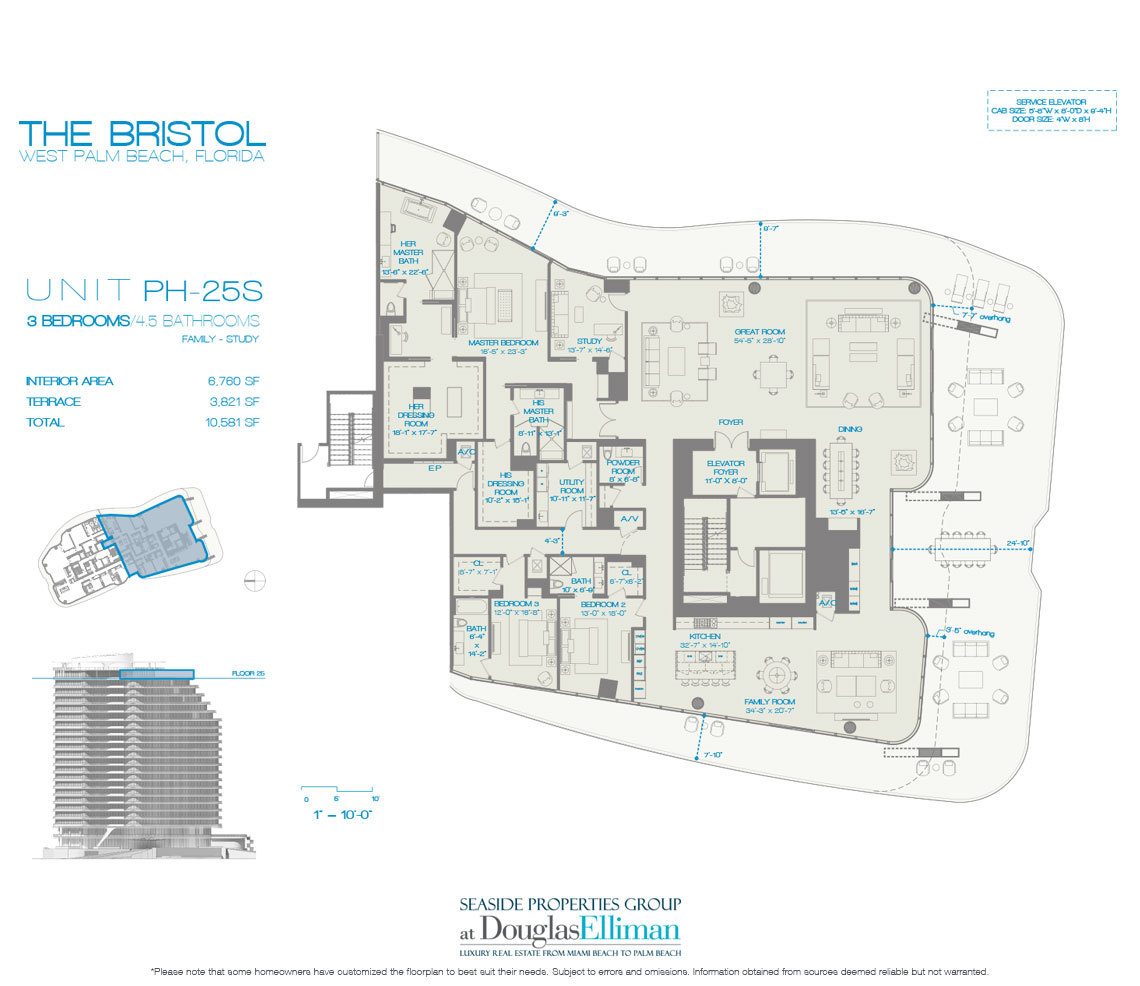 The Penthouse 25S 3 Beds Floorplan for The Bristol, Luxury Waterfront Condos in West Palm Beach, Florida 33401