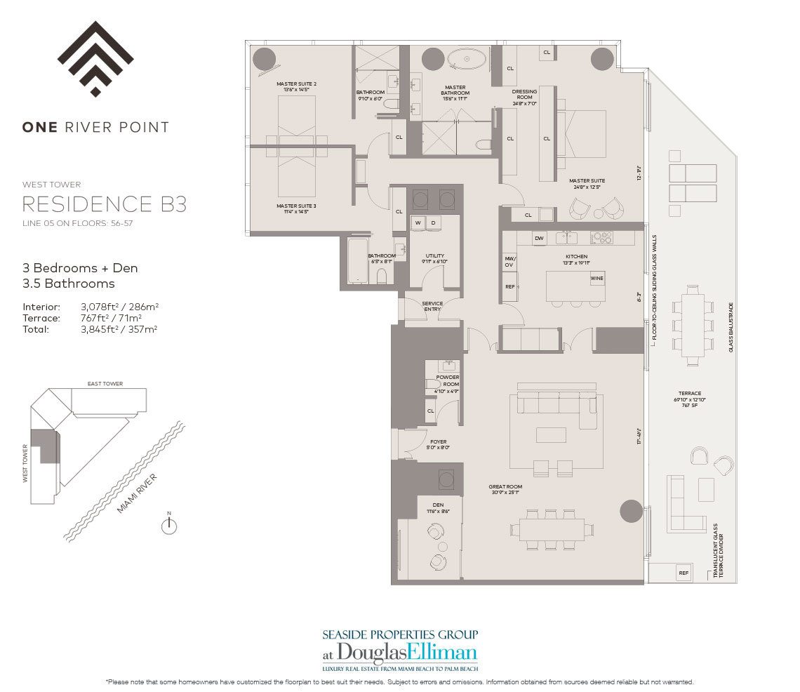 The Residence B3 West Floorplan at One River Point, Luxury Waterfront Condos in Miami, Florida 33130