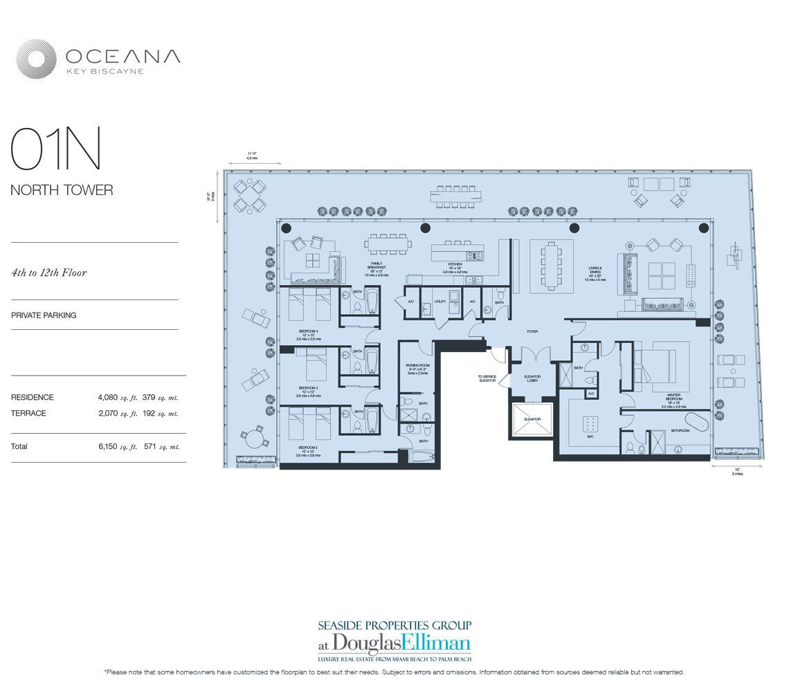 The Model 01 North, 4th to 12th Floor Floorplan at Oceana Key Biscayne, Luxury Oceanfront Condos in Miami, Florida 33149