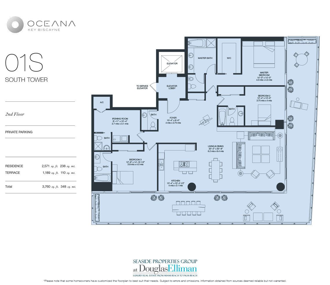 The Model 01 South, 2nd Floor Floorplan at Oceana Key Biscayne, Luxury Oceanfront Condos in Miami, Florida 33149
