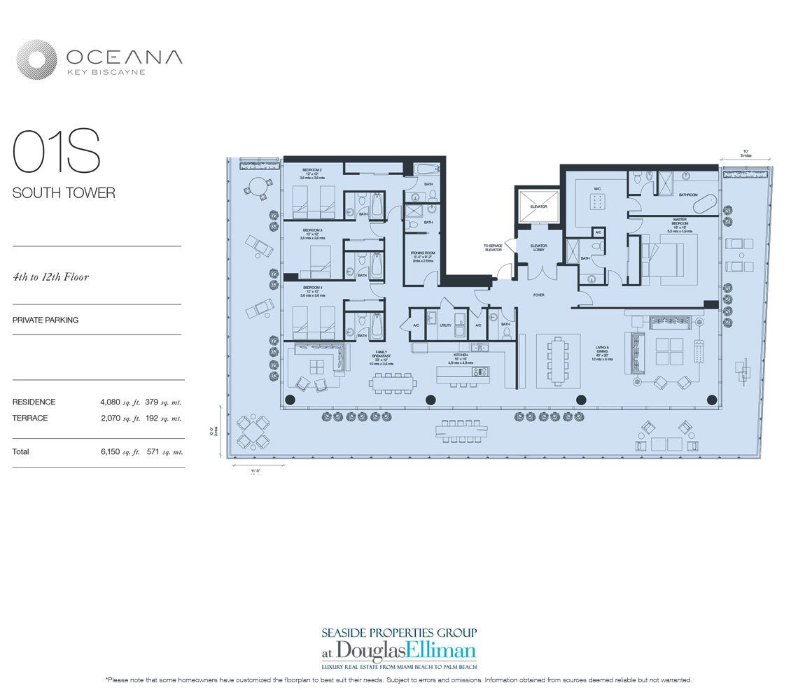 The Model 01 South, 4th to 12th Floor Floorplan at Oceana Key Biscayne, Luxury Oceanfront Condos in Miami, Florida 33149