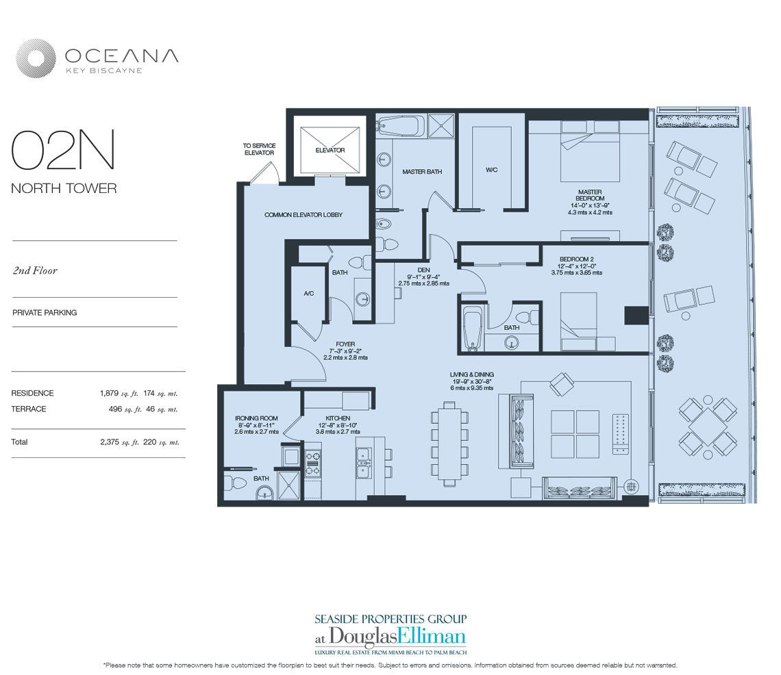 The Model 02 South, 2nd Floor Floorplan at Oceana Key Biscayne, Luxury Oceanfront Condos in Miami, Florida 33149