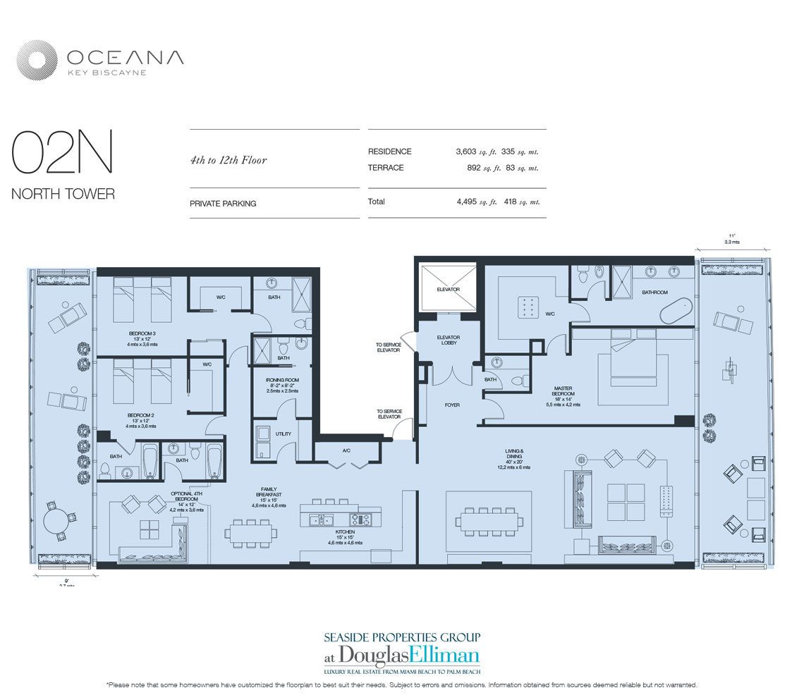 The Model 02 North, 4th to 12th Floor Floorplan at Oceana Key Biscayne, Luxury Oceanfront Condos in Miami, Florida 33149