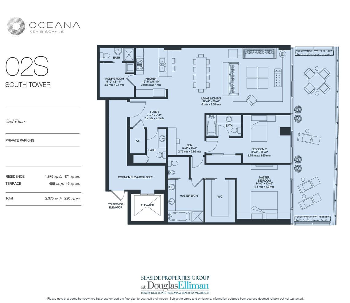 The Model 02 South, 2nd Floor Floorplan at Oceana Key Biscayne, Luxury Oceanfront Condos in Miami, Florida 33149