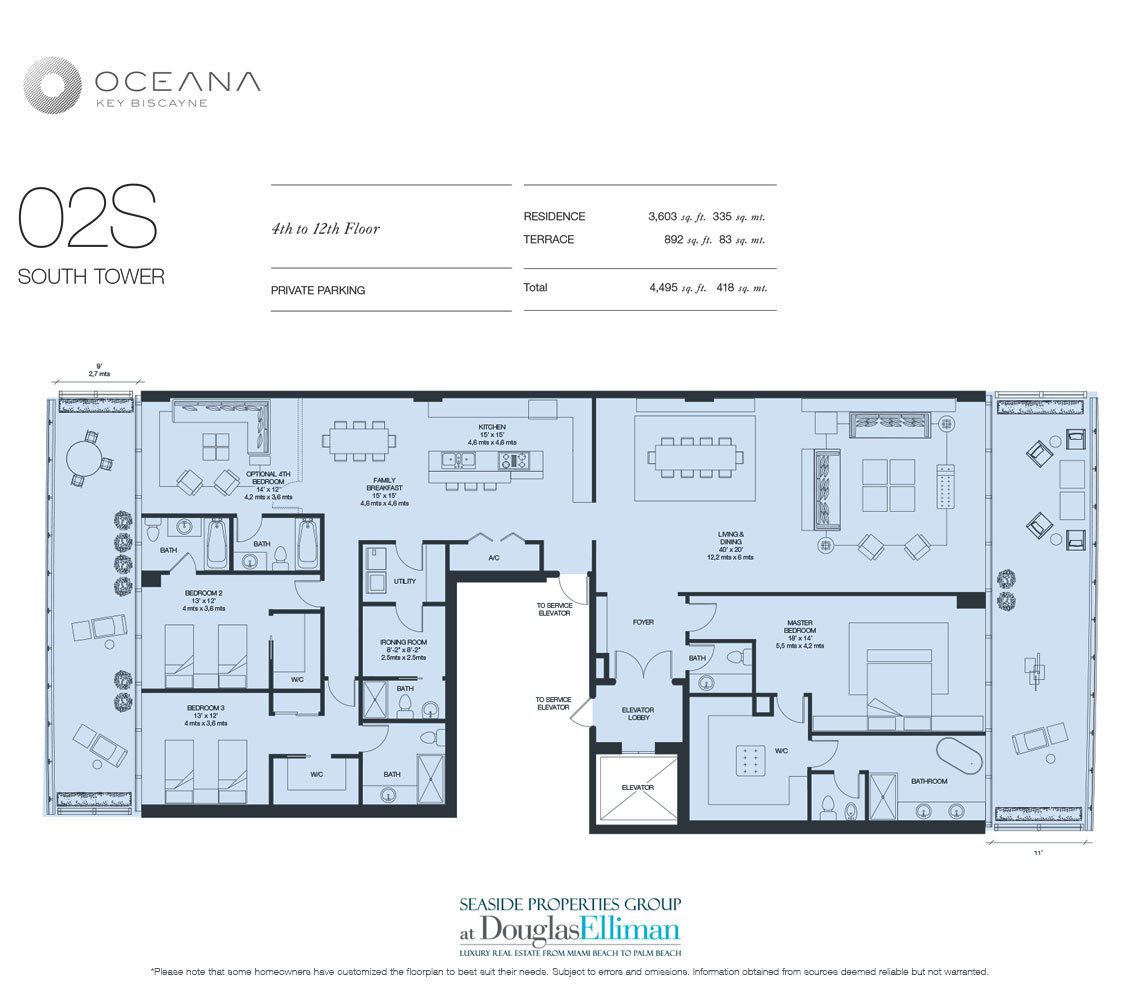 The Model 02 South, 4th to 12th Floor Floorplan at Oceana Key Biscayne, Luxury Oceanfront Condos in Miami, Florida 33149