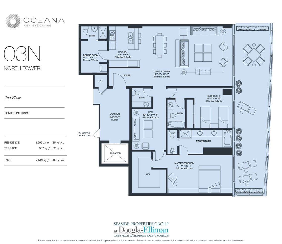 The Model 03 North,2nd Floor Floorplan at Oceana Key Biscayne, Luxury Oceanfront Condos in Miami, Florida 33149