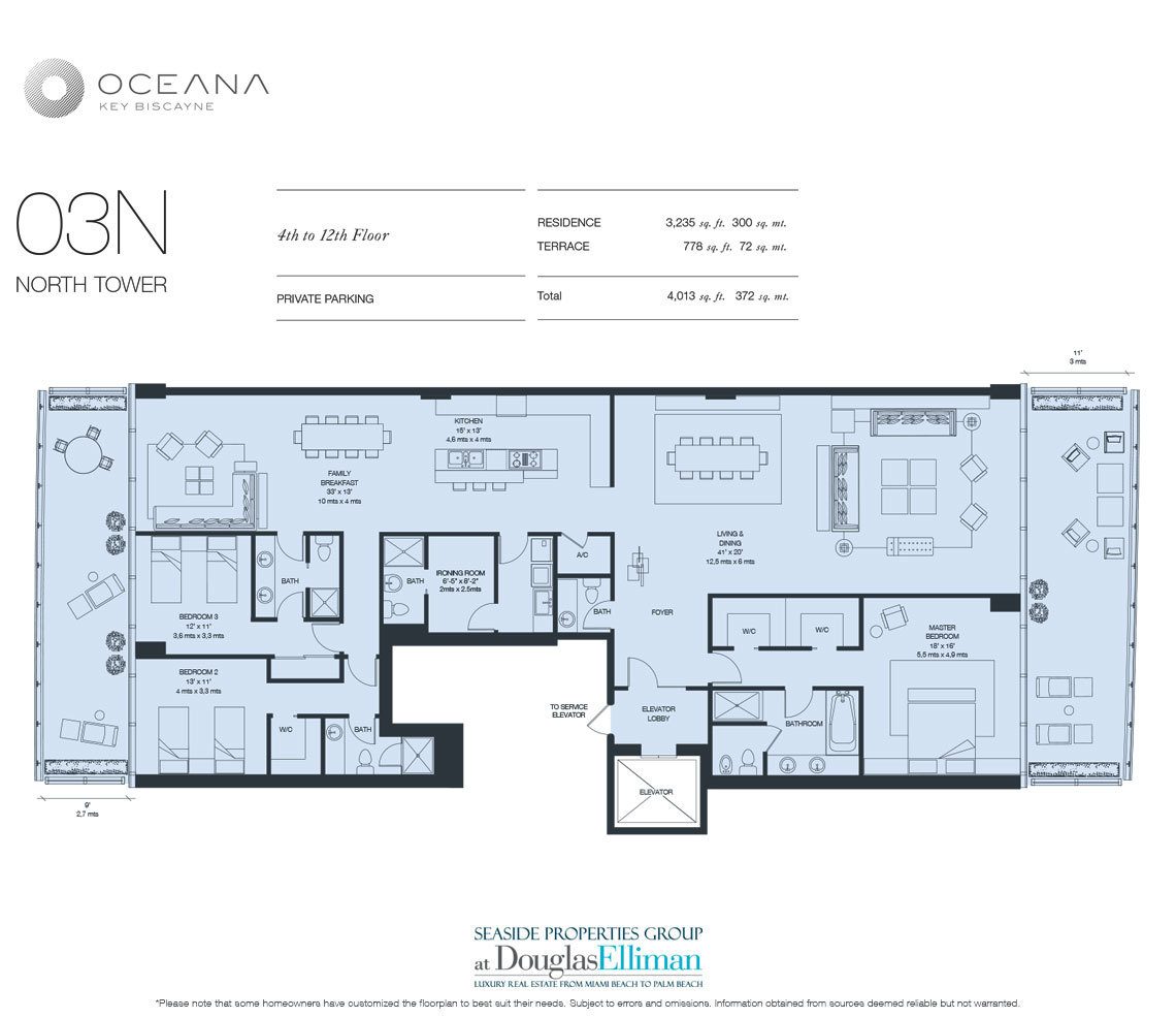 The Model 03 North, 4th to 12th Floor Floorplan at Oceana Key Biscayne, Luxury Oceanfront Condos in Miami, Florida 33149