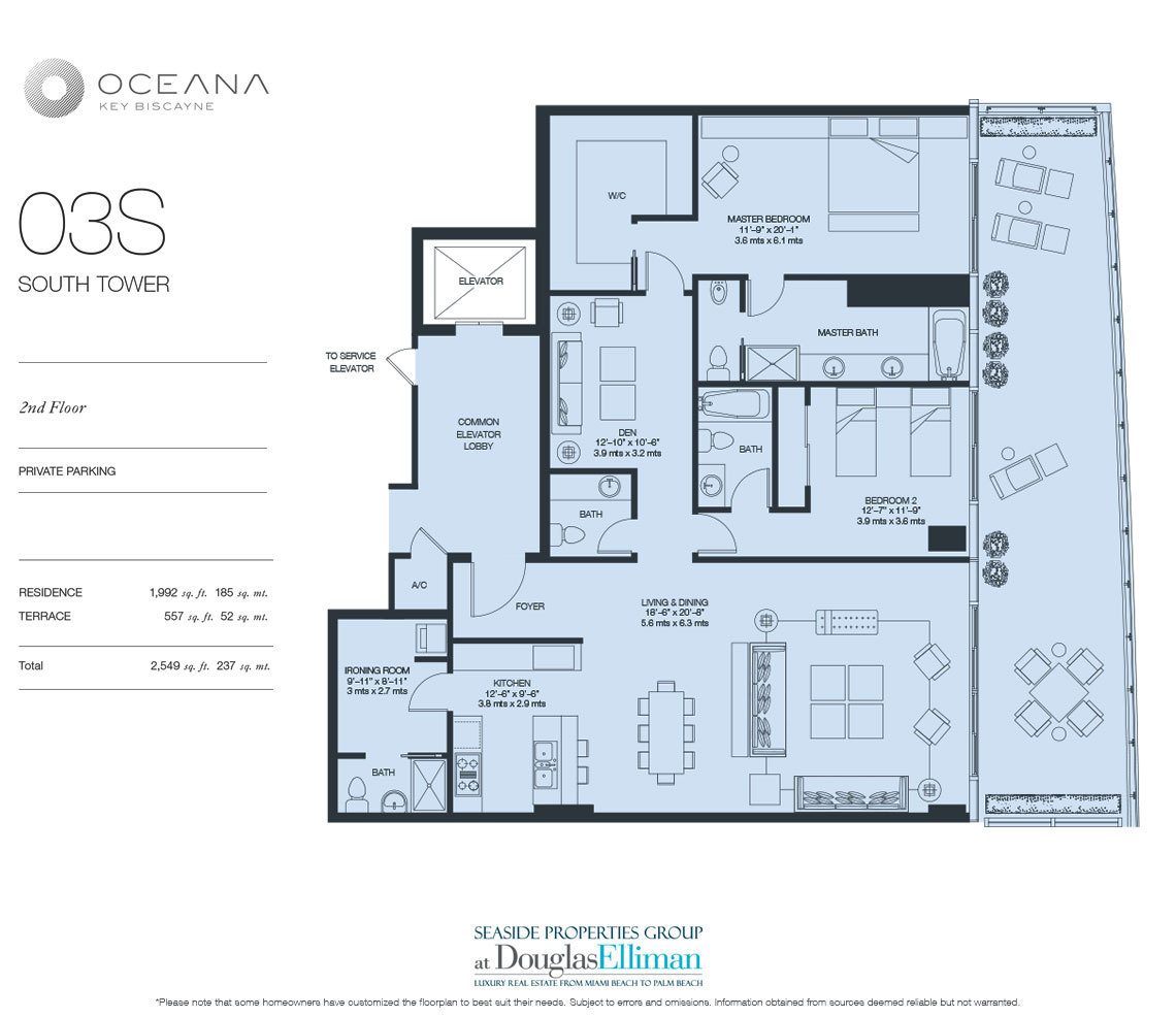 The Model 03 South, 2nd Floor Floorplan at Oceana Key Biscayne, Luxury Oceanfront Condos in Miami, Florida 33149