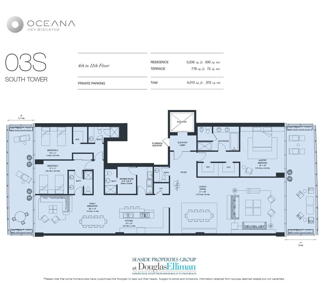 The Model 03 South, 4th to 12th Floor Floorplan at Oceana Key Biscayne, Luxury Oceanfront Condos in Miami, Florida 33149