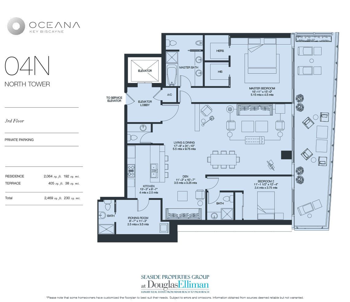 The Model 04 North, 3rd Floor Floorplan at Oceana Key Biscayne, Luxury Oceanfront Condos in Miami, Florida 33149