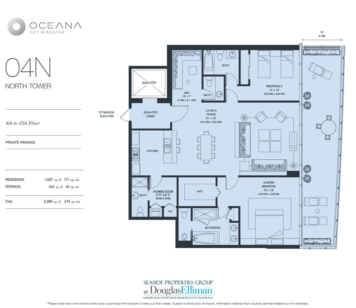 The Model 04 North, 4th to 12th Floor Floorplan at Oceana Key Biscayne, Luxury Oceanfront Condos in Miami, Florida 33149
