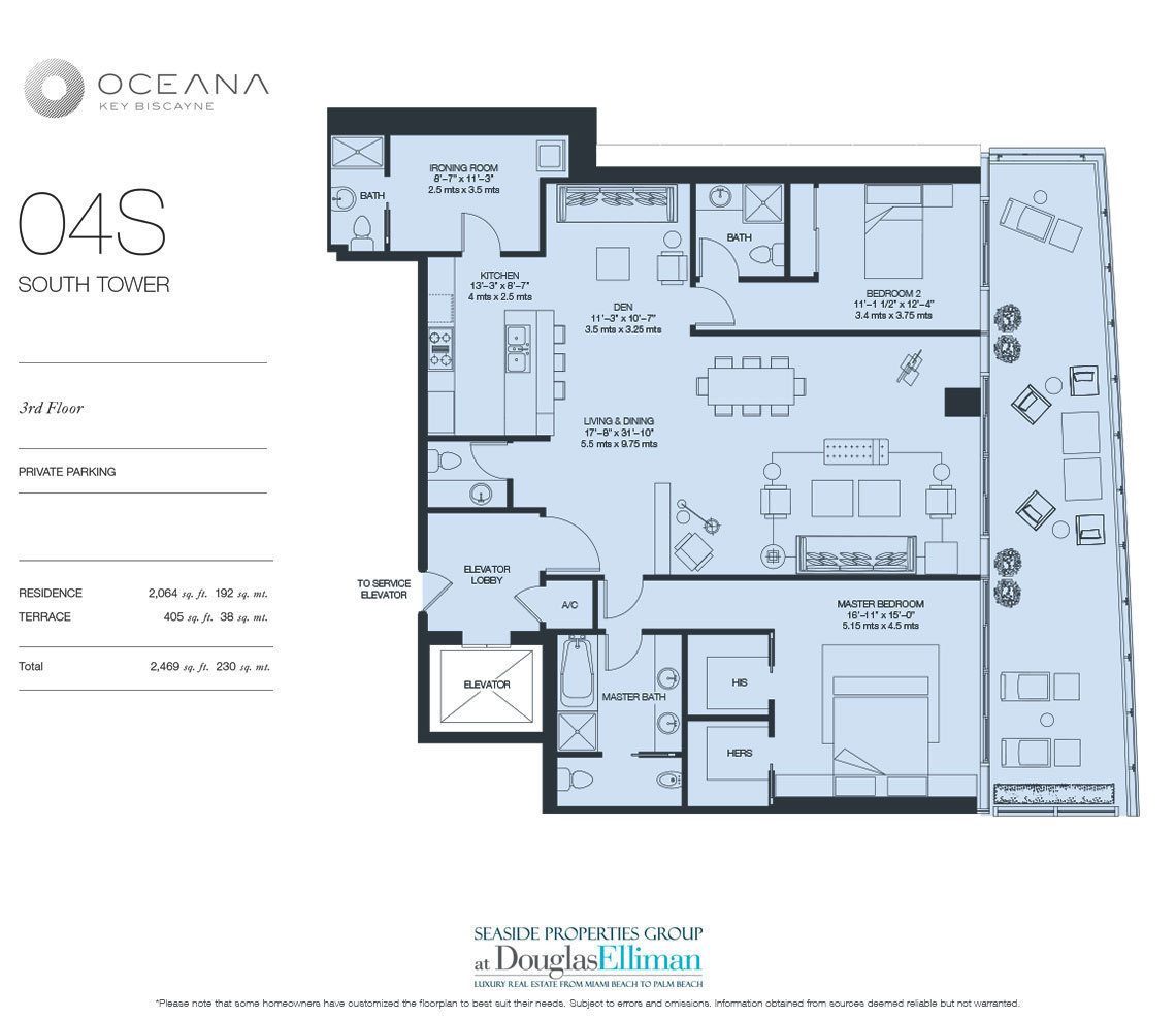 The Model 04 South, 3rd Floor Floorplan at Oceana Key Biscayne, Luxury Oceanfront Condos in Miami, Florida 33149