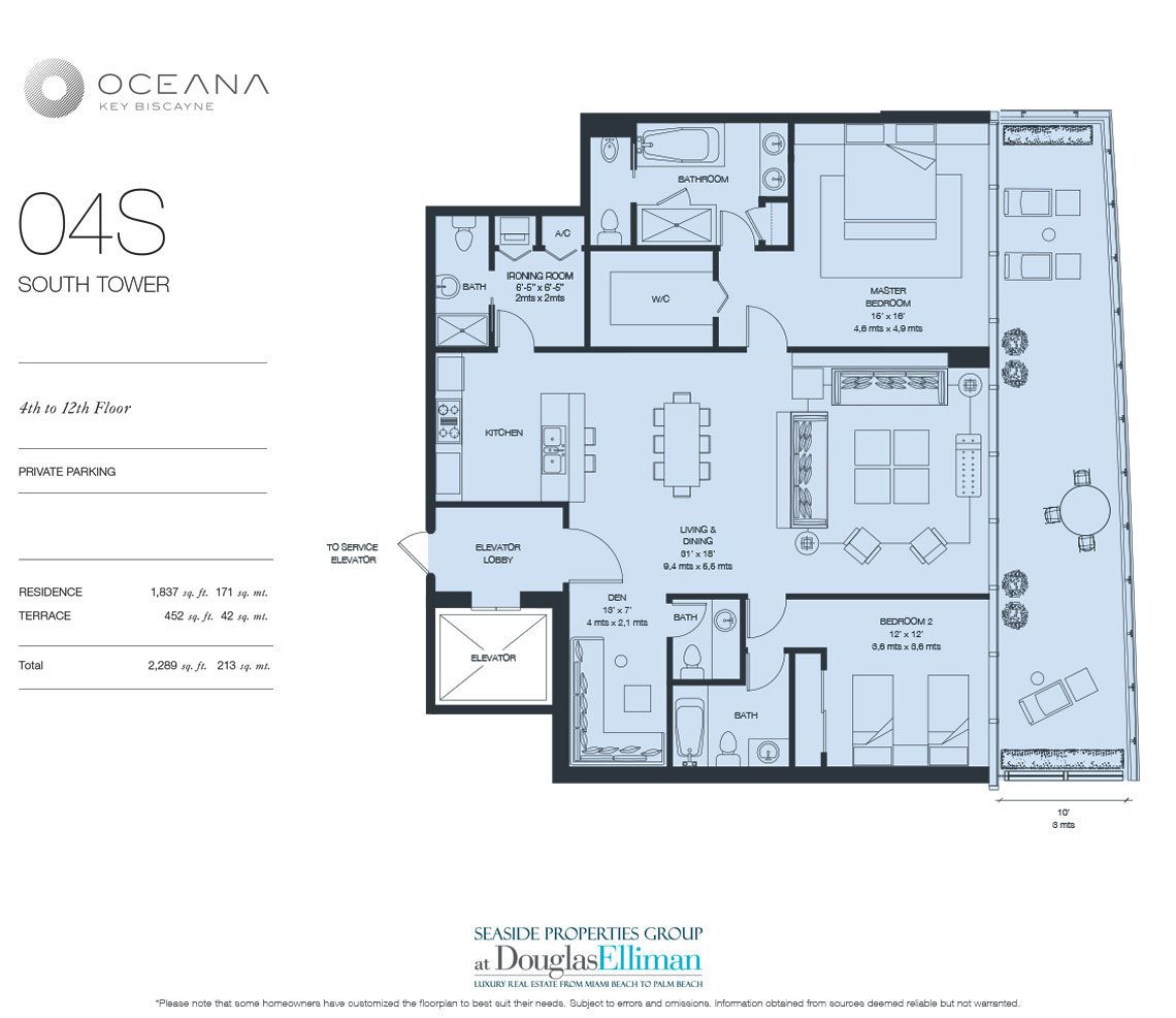 The Model 04 South, 4th to 12th Floor Floorplan at Oceana Key Biscayne, Luxury Oceanfront Condos in Miami, Florida 33149