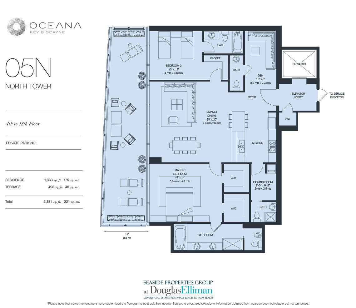 The Model 05 North, 4th to 12th Floor Floorplan at Oceana Key Biscayne, Luxury Oceanfront Condos in Miami, Florida 33149