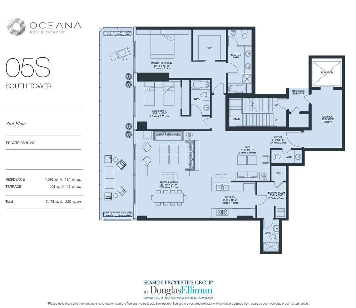 The Model 05 South, 2nd Floor Floorplan at Oceana Key Biscayne, Luxury Oceanfront Condos in Miami, Florida 33149