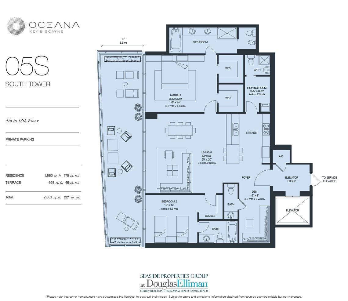 The Model 05 South, 4th to 12th Floor Floorplan at Oceana Key Biscayne, Luxury Oceanfront Condos in Miami, Florida 33149