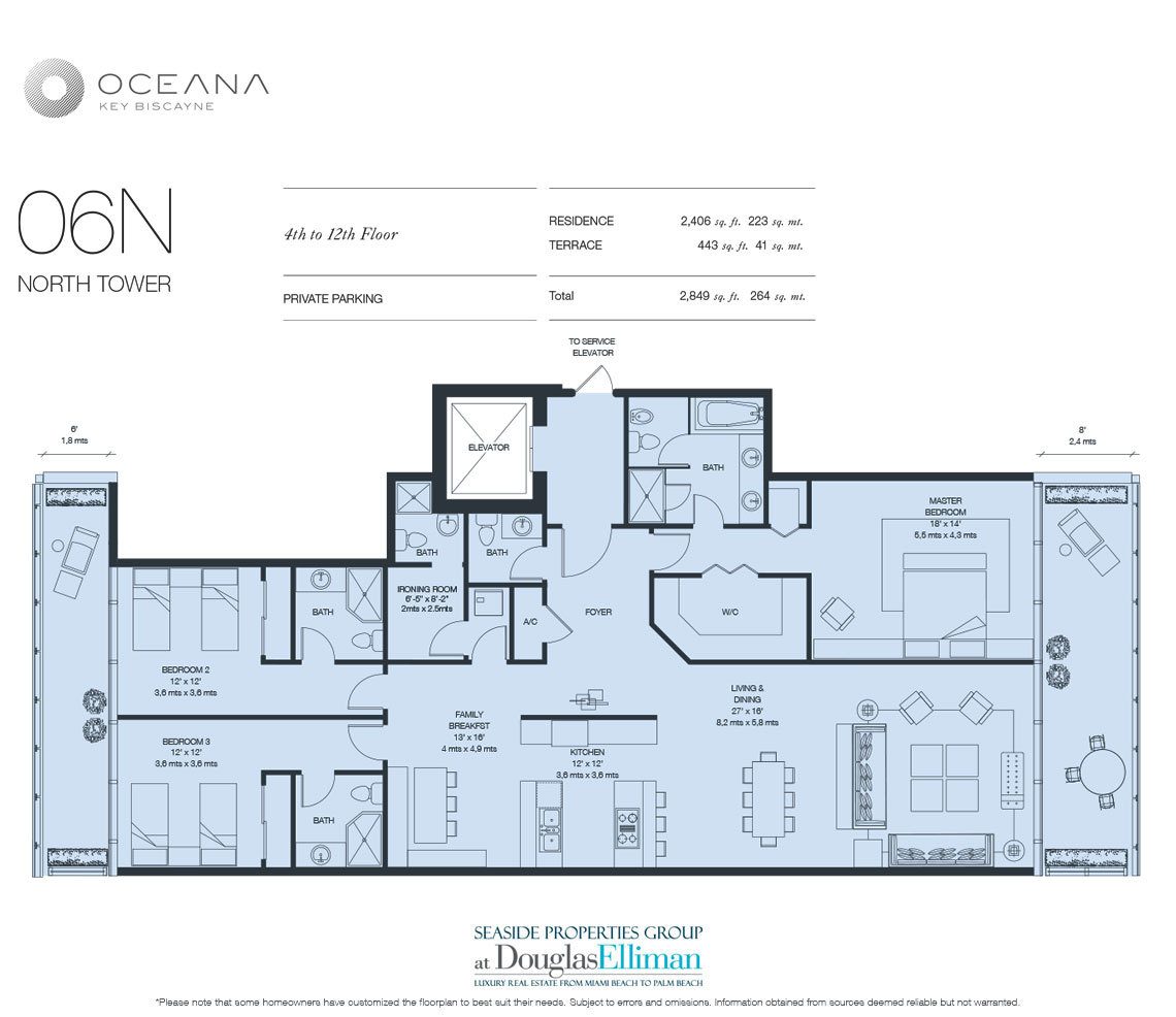 The Model 06 North, 4th to 12th Floor Floorplan at Oceana Key Biscayne, Luxury Oceanfront Condos in Miami, Florida 33149