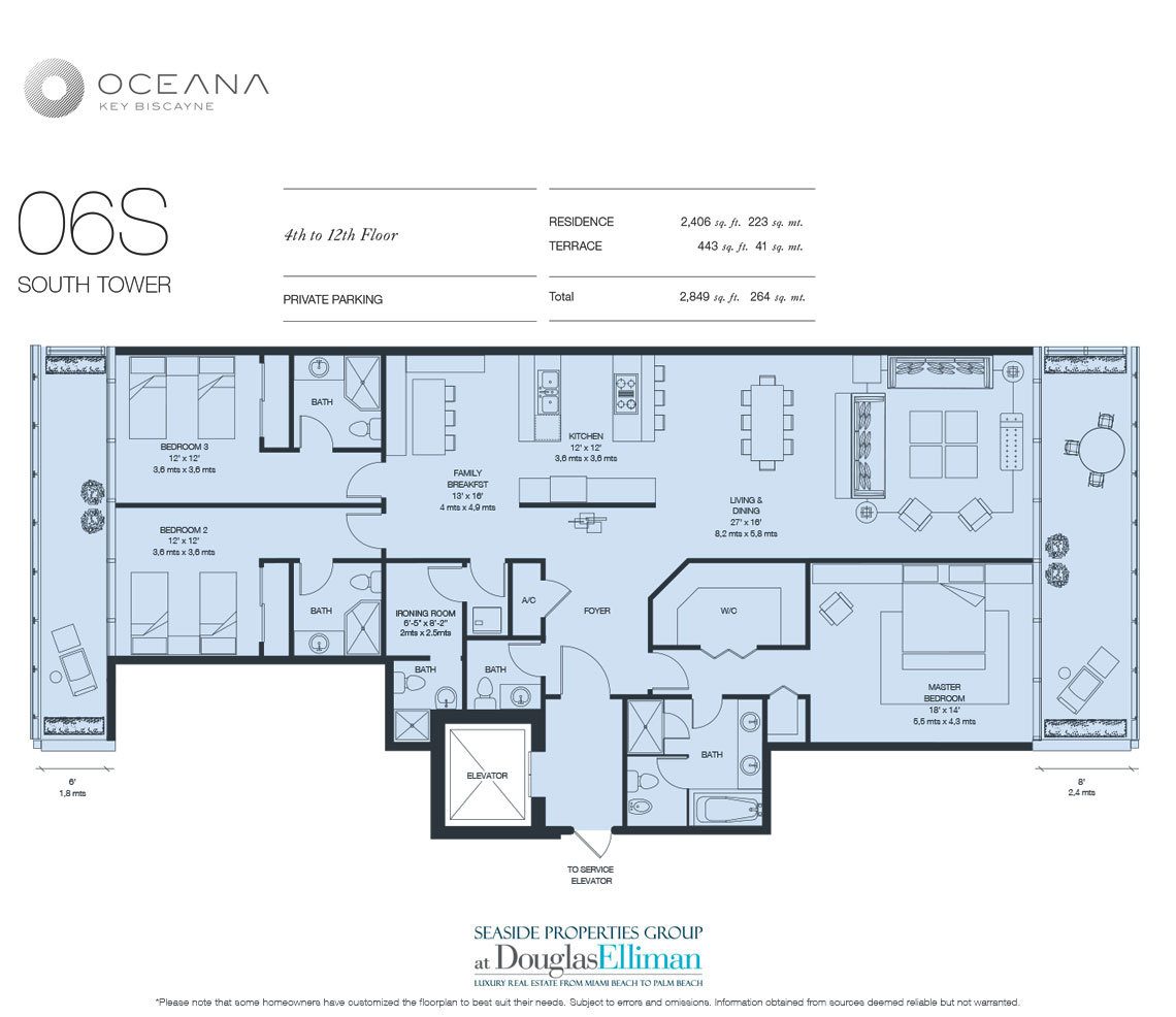 The Model 06 South, 4th to 12th Floor Floorplan at Oceana Key Biscayne, Luxury Oceanfront Condos in Miami, Florida 33149