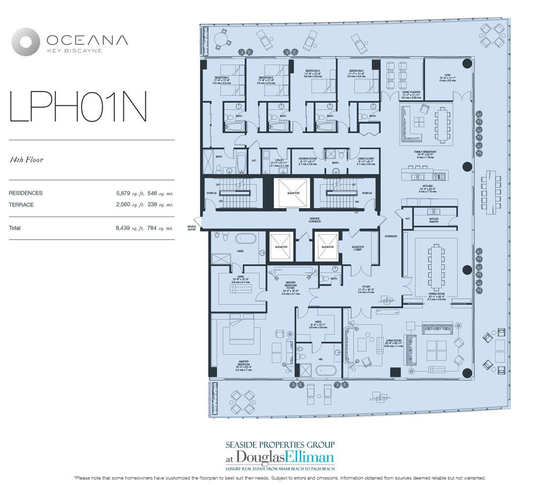 The Penthouse Model 01 North, 14th Floor Floorplan at Oceana Key Biscayne, Luxury Oceanfront Condos in Miami, Florida 33149